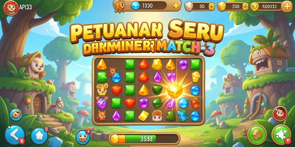 Tampilan gameplay Match-3 yang menarik dan penuh warna.